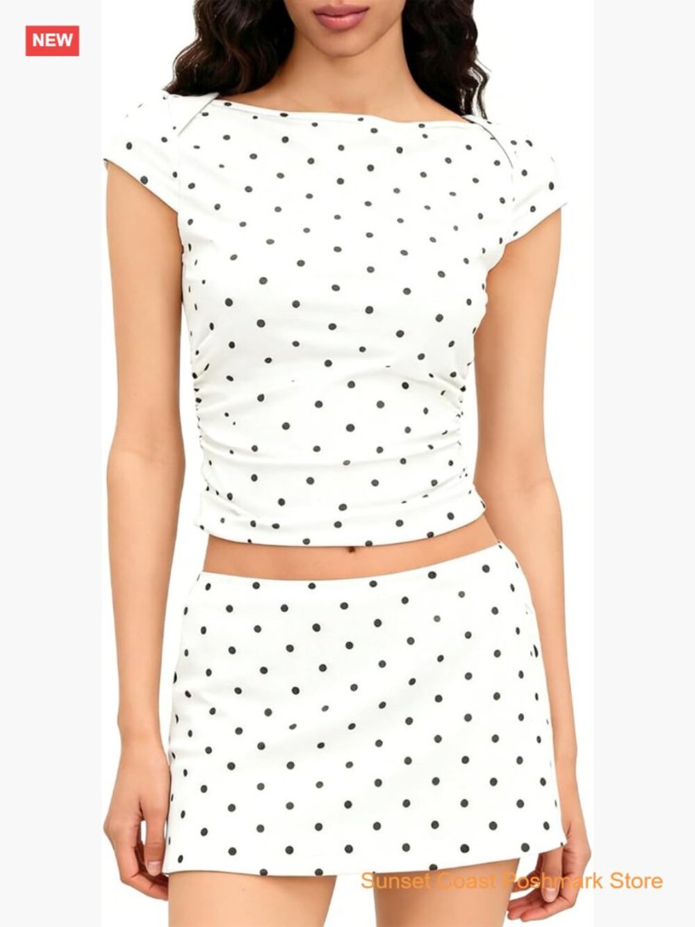 Polka Dot Two Piece Skirt Set Y2K Outfit Boat Neck Baby Tee Low Rise Mini Skirt